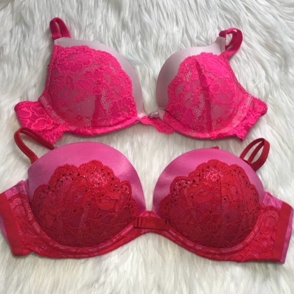 Victoria's Secret Other - 2 Victoria’s Secret Push Up Pink Red Laces Bra 32C